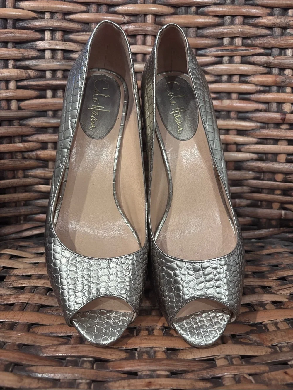 Cole Haan Women's Gold Metallic Peep Toe Heels in size 8.5